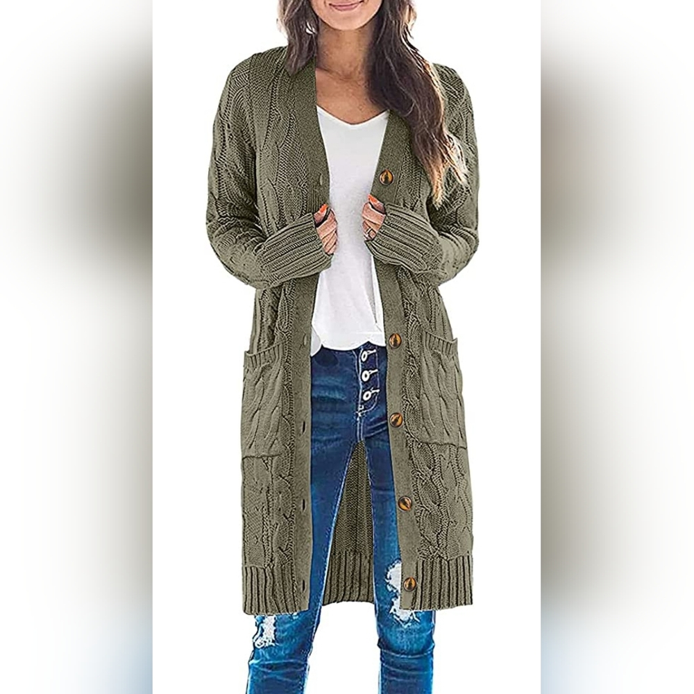 Merokeety Long Sleeve Cable Knit Long Cardigan Open front button Sweater